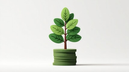 A tree with green leaves growing from a stack of coins, representing the concept of financial growth and sustainability. Investment and savings concept.
