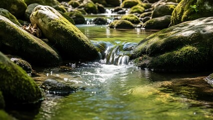 Tranquil forest stream flowing over moss covered rocks amidst lush greenery and sunlight