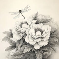 Elegant ink painting with blooming peony branches and fluttering dragonflies, Chinese style