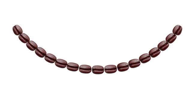 Brown coffee bean arranged in curved line, isolated on transparent background, symbolizing smile and evoking cheerful, positive mood for coffee lovers and creative designs