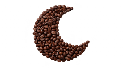 Coffee bean crescent moon shape, dark roasted coffee beans arranged in creative crescent, isolated on transparent background, symbolizing energy and night, artistic food concept