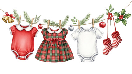 Watercolor Baby Christmas Outfit Clipart with Plaid Dress, Onesies, Socks and Holiday Decorations on Clothesline