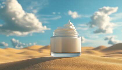 Moisturizing Cream Displayed on a Ledge Against a Clear Sky With Fluffy Clouds