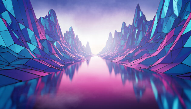 Futuristic Digital Low Poly Neon Valley Landscape