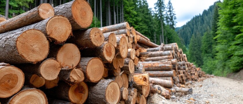 Logs stacked along a forest road under overcast skies in a rural area surrounded by tall green trees - Powered by Adobe
