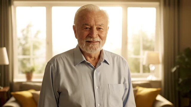 Content senior man with white beard smiling peacefully in sunny home