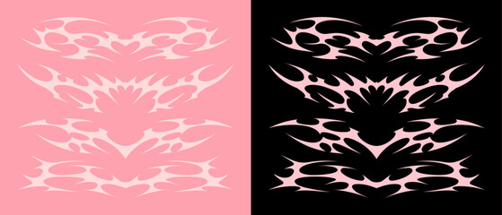 Neo tribal tattoo set. Symmetrical pink flame shapes in feminine tribal style for Y2K graphics, car decals, stickers, prints, or body art