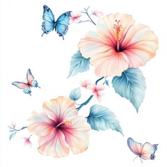 Elegant ink painting with hibiscus flowers and fluttering butterflies, Chinese style