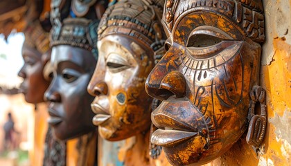 Carved wooden masks with intricate patterns in a cultural setting, rich in detail