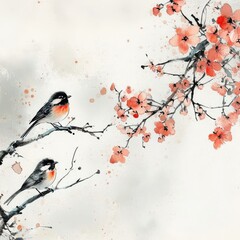 Elegant ink painting with apricot blossoms and flying magpies, Chinese style