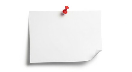 A blank white paper note pinned with a red thumbtack isolated on white background