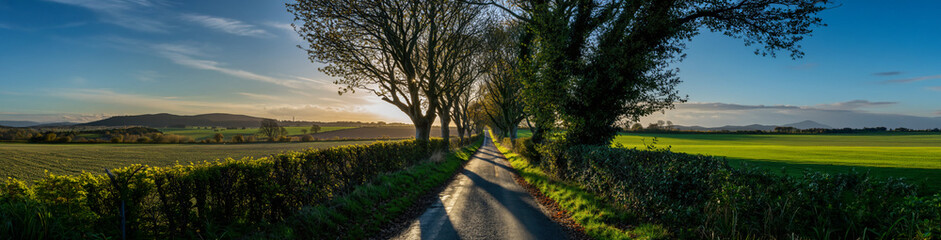 Obraz premium 4K Ultrawide Panoramic Nature Landscapes Backgrounds - A panoramic view of a road through the countryside, with trees on either side and the sun setting in the distance