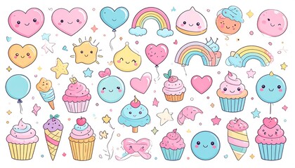 Fototapeta premium Cartoon sweet treats & shapes in pastel colors, like hearts, cupcakes, stars, rainbows, & balloons, with kawaii expressions