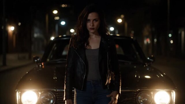 Young woman in leather jacket standing in front of vintage car on dark street