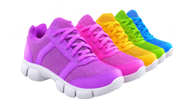 Colorful athletic sneaker mesh fabric white sole arranged in gradient rainbow order vibrant modern isolated on white fashion unisex comfortable casual style
