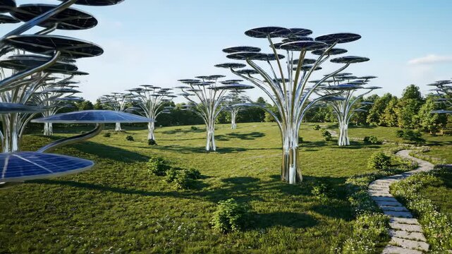 Futuristic landscape with solar panel trees in a field, sky above