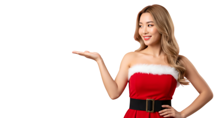 Beautiful young asian woman wearing a sexy santa claus costume presenting or holding something with open hand isolated on transparent background for christmas holiday advertisement