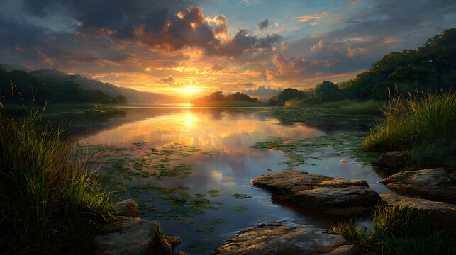 Glowing sunrise over tranquil landscape inspiring introspective peace 