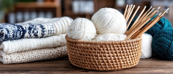 Warm yarn and cozy knits create a relaxing atmosphere for crafting at a home studio in autumn
