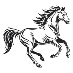Obraz premium Stylized black and white illustration of a powerful galloping horse with flowing mane and tail, strong graphic vector