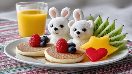 A delightful plate featuring fluffy pancakes topped with berries, accompanied by cute bunny figurines and fresh fruit slices. Perfect for children's meals or celebrations.