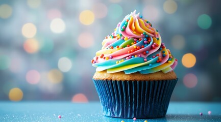 Colorful Cupcake Topped With Vibrant Frosting and Sprinkles on Blue Surface