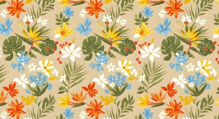 Vibrant floral explosion a seamless summer pattern, tropical blooms and palm leaves for a joyful botanical design, perfect for fabric and backgrounds