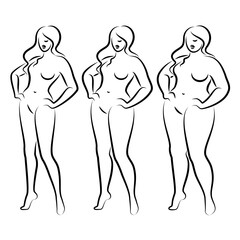 Collection. Silhouette of a beautiful woman figure. The lady is standing. The girl is thin, slender, and the woman is fat. Set of vector illustrations