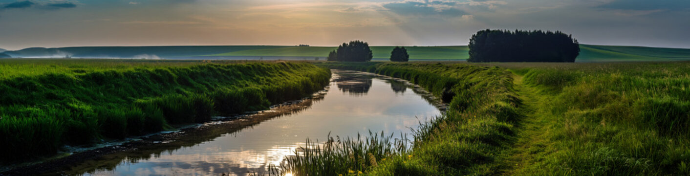 4K Ultrawide Panoramic Nature Landscapes Backgrounds - A serene waterway flowing through a verdant landscape under a radiant sky