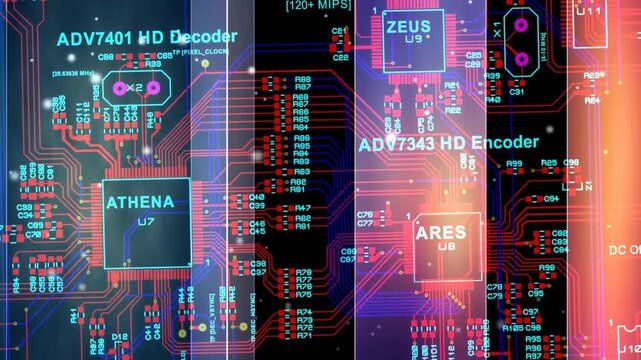 Video animation with printed circuit board of electronic device, components of radio elements, 
conductors, contact pads placed on pcb. 
Engineering drawing. Computer technic cad design, screensaver. 