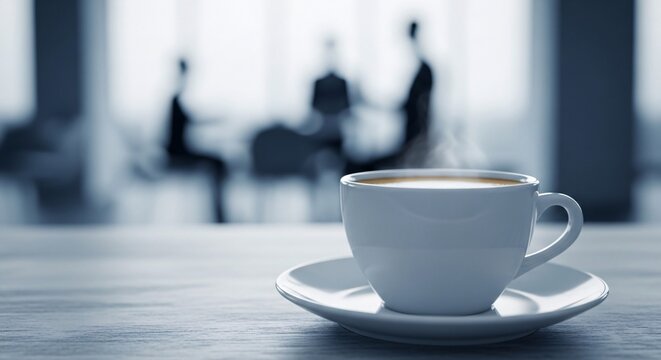 Warm cup of coffee on table with blurred business people in background warm drink meeting break in modern office workplace environment - Powered by Adobe