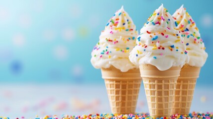 Three Ice Cream Cones With Colorful Sprinkles on a Bright Background