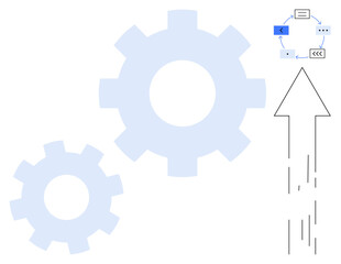Two interconnected gears, an upward arrow, and process flow icons suggesting teamwork, efficiency, progress, innovation, optimization, concepts of development, forward thinking in a simple flat