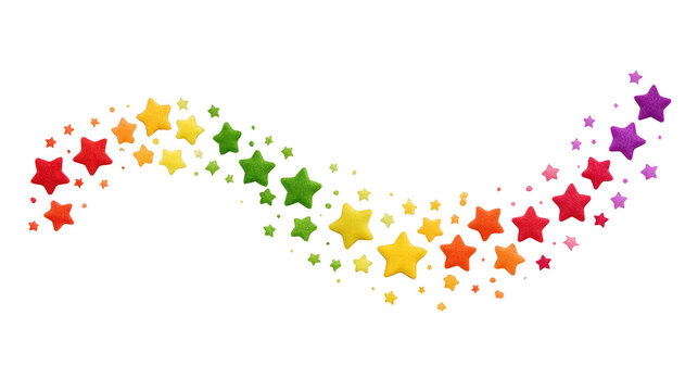 Colorful star pattern, vibrant wave of multicolored stars in gradient from yellow to purple, whimsical and playful design, transparent background, suitable for festive or creative projects