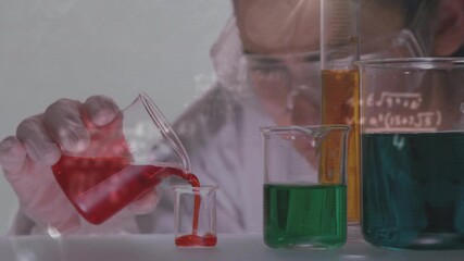 Woman in lab coat tilting and pouring red solution into small beaker, formulas overlaying for demo - Powered by Adobe