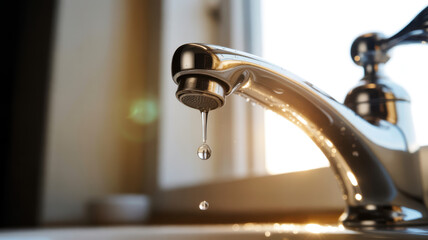 Gleaming chrome faucet with water droplets catching the sunlight, perfect for home improvement or plumbing design projects, evoking cleanliness and freshness