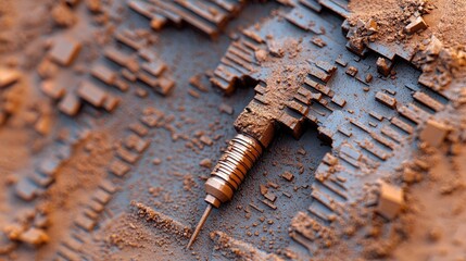 A close-up view of an abstract syringe embedded in a textured, futuristic landscape. The image features a detailed, artistic representation with a focus on text