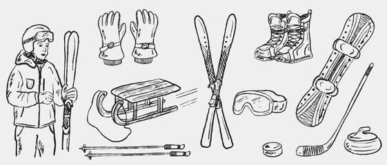 Naklejka premium Hand drawn winter sports gear set: skis, snowboard, sled, boots, hockey, curling, goggles, snowboard boots. Vector sketch illustration in vintage crayon charcoal style. Winter activity