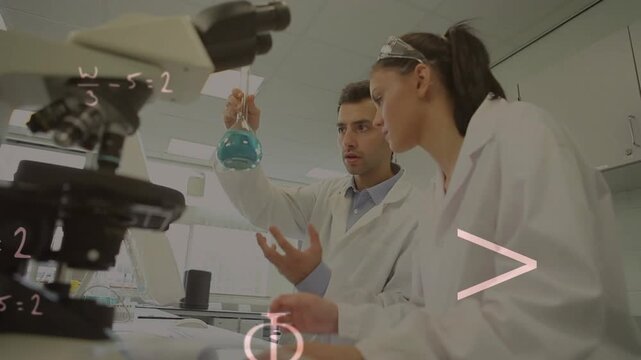 Male lab scientist lifting flask, analyzing blue sample while math overlaying bench and microscope - Powered by Adobe