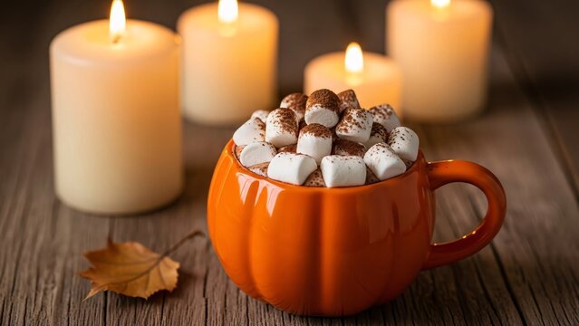 Hot chocolate with marshmallows in pumpkin shaped mug and lit candles autumn season beverage during cool weather cozy and comfy setting - Powered by Adobe