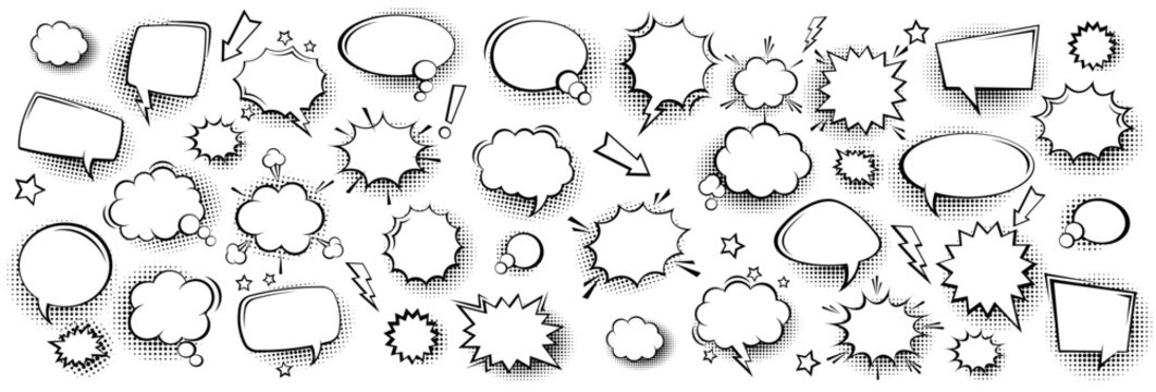 Collection of empty comic speech bubbles with halftone shadows. Hand drawn retro cartoon stickers. Pop art style. Vector illustration