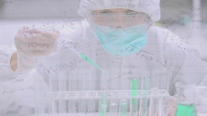 Female lab tech reaching rack and pipetting samples, testing while math over hands and rack - Powered by Adobe
