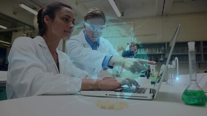 Researchers reacting to globe overlay in lab, typing data and inspecting flask with blue liquid - Powered by Adobe