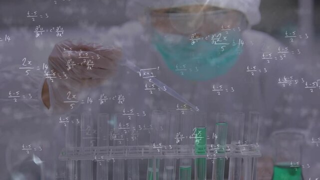 Lab tech reaching for green-cap tube, pipetting sample for analysis while equation overlay drifting