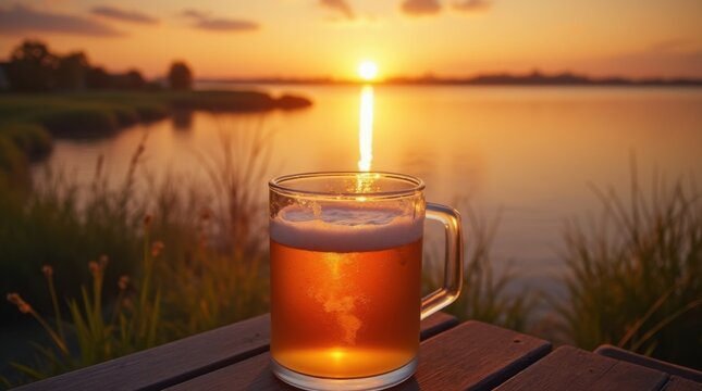 Perfect moment with a cold beer at sunset by the lakeside