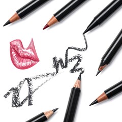Black eye pencils arranged around lipstick art & drawn line on a white background