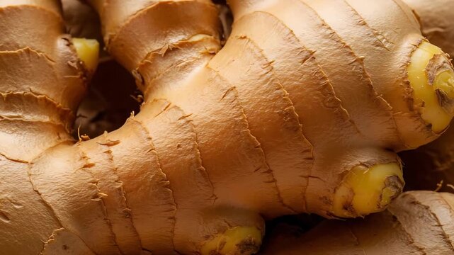 Ginger root close-up revealing texture and detail for healthy cooking backdrop