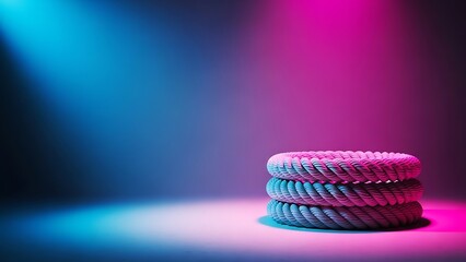 Stack of three donuts illuminated by vibrant pink and blue neon lights