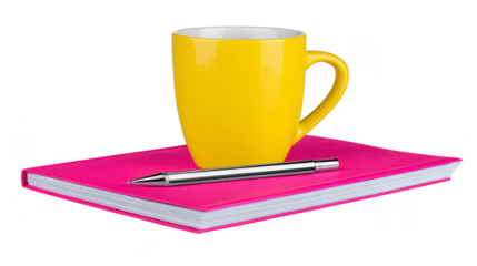 Yellow mug, pink notebook, and silver pen on transparency background create vibrant, modern workspace scene, evoking creativity and productivity in cheerful, minimalistic office setting