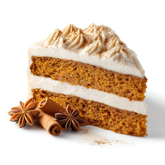 A slice of pumpkin spice cake with cinnamon frosting, isolated on white background.